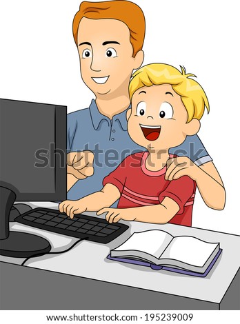 Illustration of a Father Teaching His Son How to Use a Computer