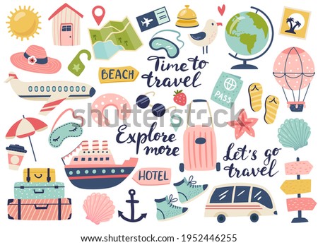 Travel and adventure tourism, travel abroad, summer vacation trip set. Hand drawn vector illustration. Perfect for sticker kit, scrapbooking, poster, tags