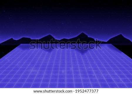 Retro cyberpunk style 1980's sci-fi background with bluelaser grid, blue sky and black mountains. Vintage computer game design template