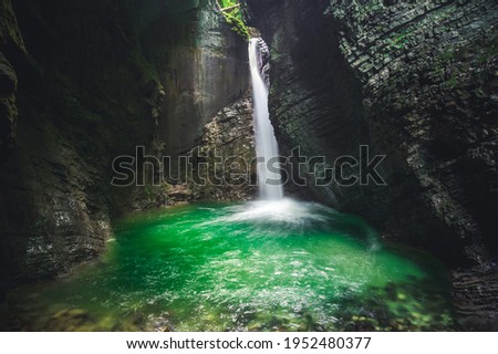 Kozjak waterfall one of the beautiful waterfall in Slovenia. Popular place to vitis near river soca, kobarid. Kozjak slap Royalty-Free Stock Photo #1952480377
