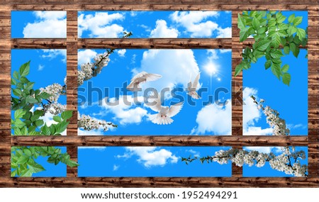 Stretch ceiling picture. wood frame, sky, bird, green tree leaf and spring flowers.