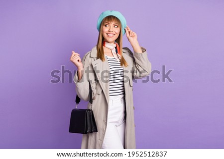 Photo of french girl inspired step look empty space wear blue beret coat isolated violet color background