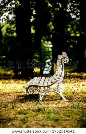 Vintage, white, decorated, wooden bench in shady park.