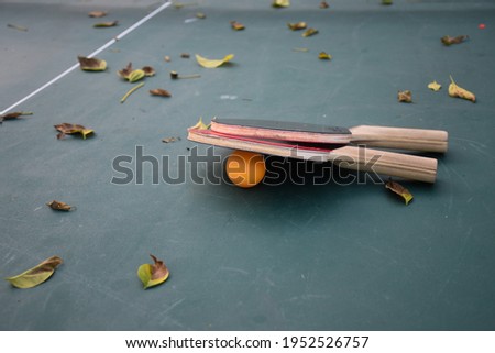 A picture of a table tennis table in a deserted stadium full of fallen leaves due to the lack of people playing during the COVID-19 epidemic.