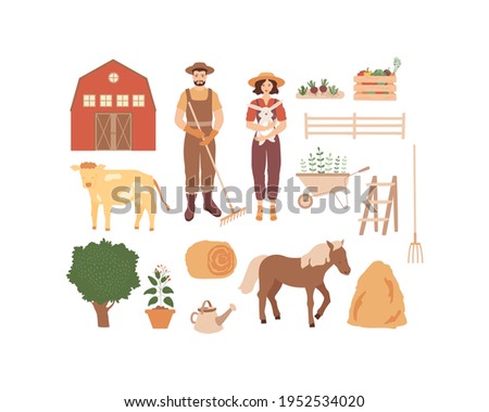 Family farming set. Young man holds rake and woman holds rabbit. Barn, livestock, haystack, fence, wheelbarrow isolated on white background. Gardening vector elements collection, tree, vegetables.