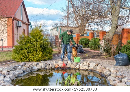 Mature caucasian man with his dog cleans a garden pond from water plants and falling leaves and placed them in a bucket. Spring seasonal pond care after winter.