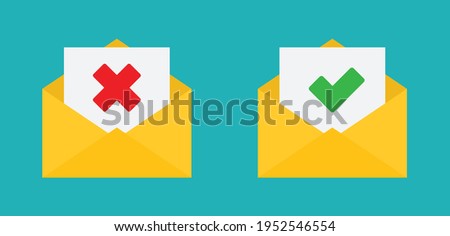 envelope  with approved and rejected letters. Envelopes  with  Green check mark and red X mark icons.  yes, no icon