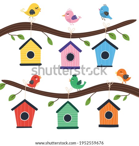 Birdhouse tree with cute birds. Nesting box set in cartoon style. Spring garden little houses background. Vector illustration