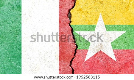 Grunge Italy VS Myanmar national flags icon pattern isolated on broken cracked wall background, abstract international political relationship friendship divided conflicts concept texture wallpaper