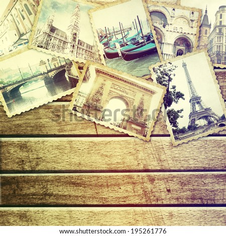 Vintage travel background with old photo.
