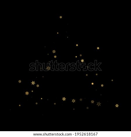 Falling Snow flakes golden pattern. Illustration with flying gold snow, frost, snowfall. Winter print for christmas celebration on black night background. Holiday Vector illustration for New Year.