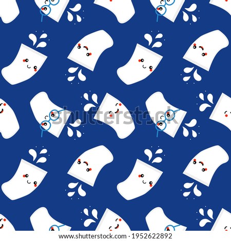 Cute and smiling cartoon glasses of milk characters with splashes vector seamless pattern background.