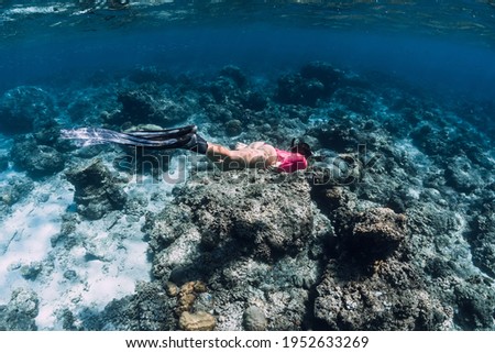 Woman dive underwater with turtle in tropical ocean. Snorkeling with green sea turtle.