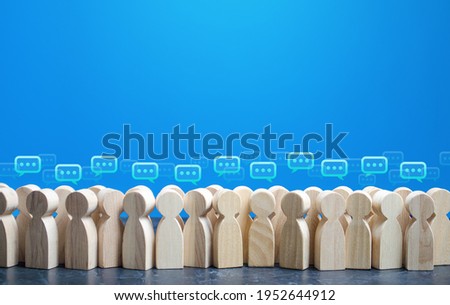 People figures with comment clouds above their heads. Social communication. Information exchange. Rumors and gossip. Talk and chat. Discussion and dialogue. Public opinion poll. Dispute settling Royalty-Free Stock Photo #1952644912