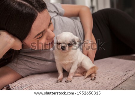 Beautiful woman cuddling with her cute tiny chihuahua puppy