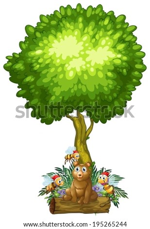 Illustration of a bear and the three bees under the tree on a white background