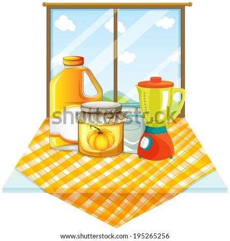 Illustration of a table with a blender and containers on a white background
