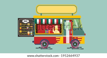 Food Truck with menu Sign Board.Chef inside
