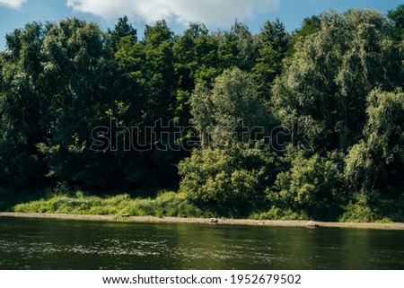  Beautiful landscape of green deciduous forest and river in which trees are reflected. High quality photo