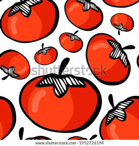 Doodle art red tomato on white background seamless pattern. Simple vegetable clipart for recipe, menu, cafe or restaurant identity, decor. Healthy food, vegetarian