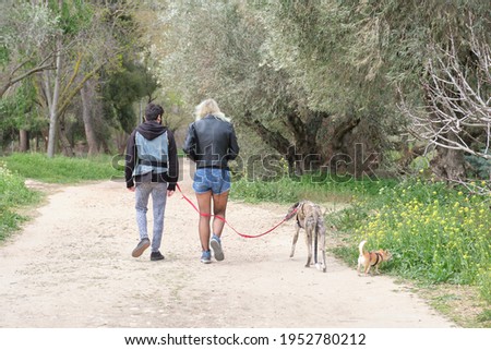 Young punk couple walking their dogs in a park. Rock and roll lifestyle.
