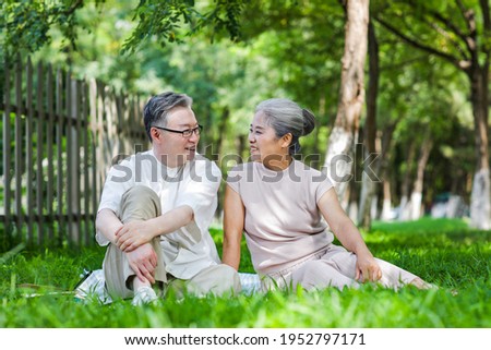 Outdoor portrait of happy old couple sitting on the grass