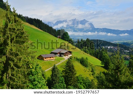 Beautiful landscape seen from the cable car lift to Hahnenkamm ski run, Austrian Alps , Tirol, Kitzbuhel, Austria