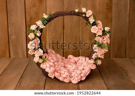 Newborn Digital Background Spring flowers Basket Prop for Newborn. For boys and girls. Wood back. shoot set up with prop bed and wood backdrop Royalty-Free Stock Photo #1952822644