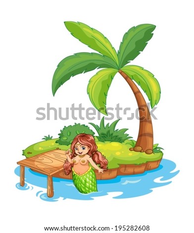 Illustration of a fat mermaid at the beach on a white background