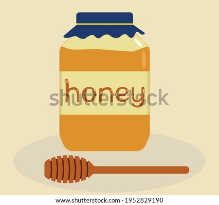 Jar of natural sweet honey. Honey from the apiary. Wooden spoon for honey. Flat vector illustration