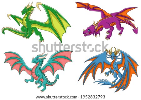 Cute set of cartoon dragons. Vector illustration