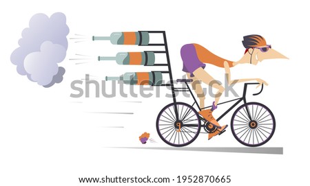 Cartoon man rides a bike illustration. 
Smiling man in helmet and sunglasses on the bike tries to ride faster using bottles with carbonated beverage, champagne or beer isolated on white
