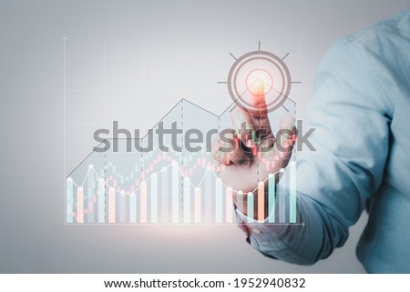 Data graph analysis, Business graph chart analytic finance and banking profit show of stock market trade indicator financial, Hand touching presentation of graph chart growth  financial market concept
