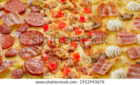 There are three types of pizza. Macro details of ingredients. Italian food concept.