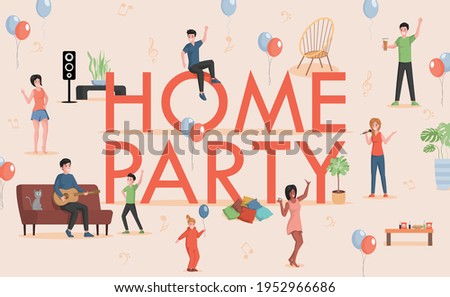 Home party word vector flat banner design. Happy smiling people celebrating. Women, men, and children dancing, singing, playing guitar. Friends at birthday, holiday party. Weekend with close friends.