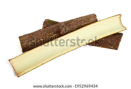 Tilia Tree Bark Strips. Peeled in Early Spring. Medicinal and Fiber Raw Ingredient. Also Known as Linden, Basswood, Lime Tree or Bush. Isolated on White. Royalty-Free Stock Photo #1952969434