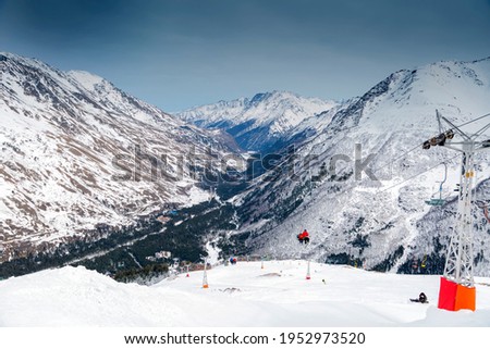 Lift for skiers to the mountain peak.  North Caucasus, Kabardino-Balkaria, Elbrus, Russia.
