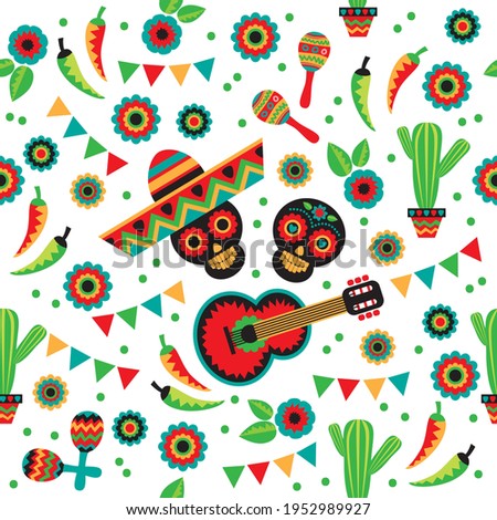 Seamless pattern with mexican national characters: skull, sombrero, cactus and maracas. Cinco De Mayo symbols. Vector illustration. Design elements for fabric, banner, wallpaper, wrapping paper.