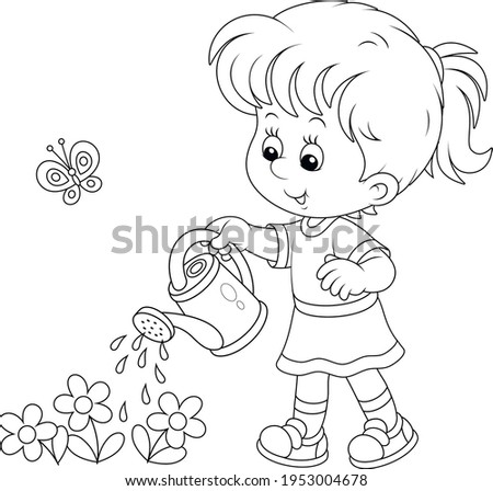 Happy little girl watering garden flowers on a small flowerbed on a warm summer day, black and white vector cartoon illustration for a coloring book page