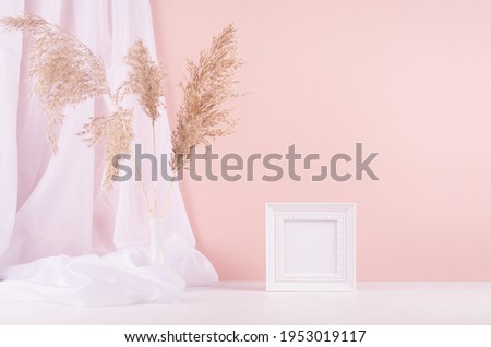 Soft pastel pink interior with blank square photo frame, white silk curtain and beige fluffy reeds on wood shelf, copy space.