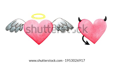 Set of watercolor red hearts angel and demon. Hand drawn illustration isolated on white background. Element for design of cards and scrapbooking.