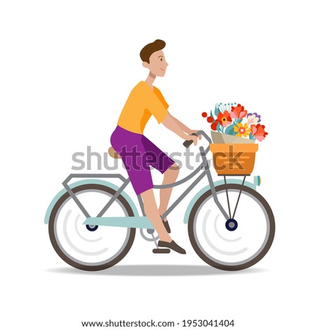 A man with flowers rides a bicycle. Illustration in flat style.