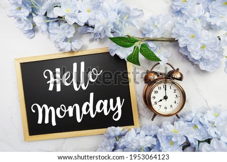 Hello Monday text on wooden blackboard and flower decoration on marble background