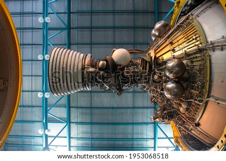 Exhaust pipes of space rocket with lots of wires and metal parts for space exploration Royalty-Free Stock Photo #1953068518