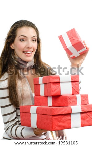 girl with Christmass presents on white background