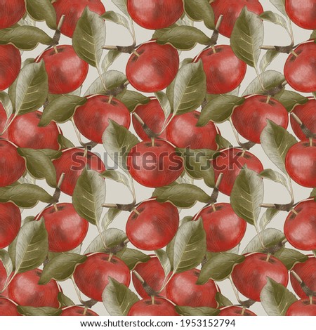 Botanical illustration. Spring patttern. Apples. Fruit pattern. Red apple. Fruit pattern. Texture for fabric, wrapping paper, postcard, print, wallpaper tile background gift wrapping paper 