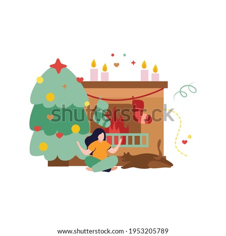 Happy winter flat composition with woman sitting near fireplace with socks and christmas tree vector illustration