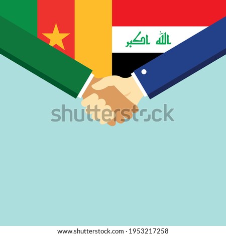 The handshake and two flags Cameroon and Iraq. Flat style vector illustration.