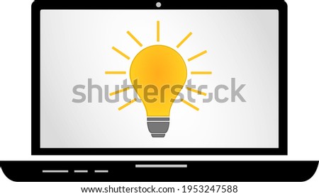 Abstract technology, innovation, idea, and brain storming illustration vector isolated on white. A yellow light bulb shape in a laptop. Flat concept design for presentation, banner, websites.