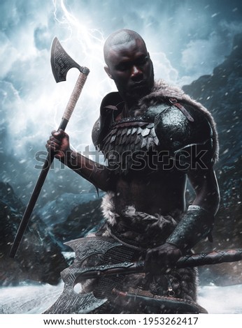 Digital art of a scandinavian black skinned warrior with axe in blizzard